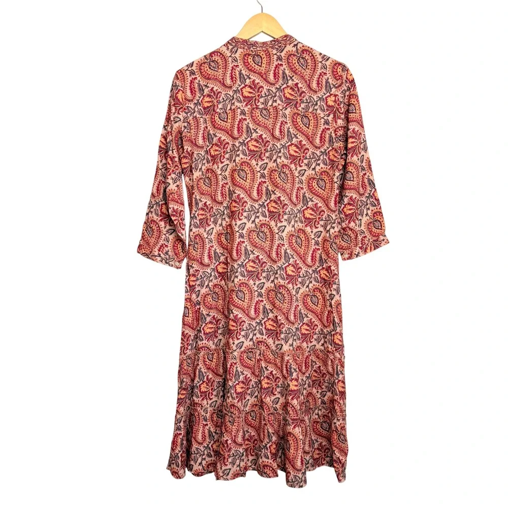 NEW RAGA Naya Embroidered Paisley Midi Dress Beige Red Boho Tiered XS